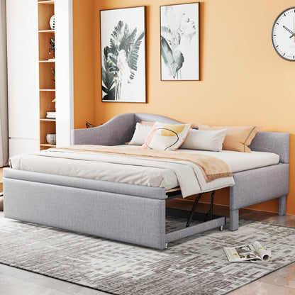 Twin Size Upholstered L-Shaped Upholstered Daybed with Pop Up Trundle, Gray
