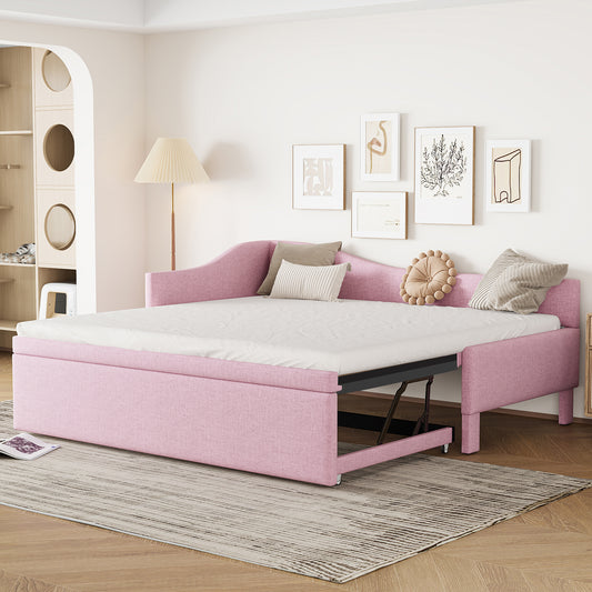 Twin Size Upholstered L-Shaped Upholstered Daybed with Pop Up Trundle, Pink