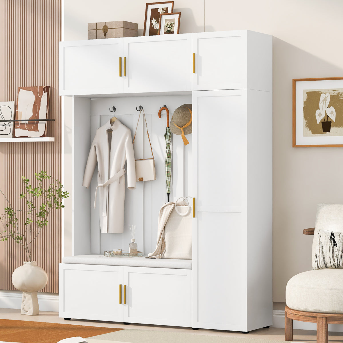 Ancient White Hall Tree with Shoe Bench and Storage Shelves for Living Room