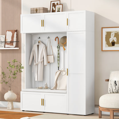 Ancient White Hall Tree with Shoe Bench and Storage Shelves for Living Room