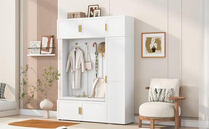 Ancient White Hall Tree with Shoe Bench and Storage Shelves for Living Room