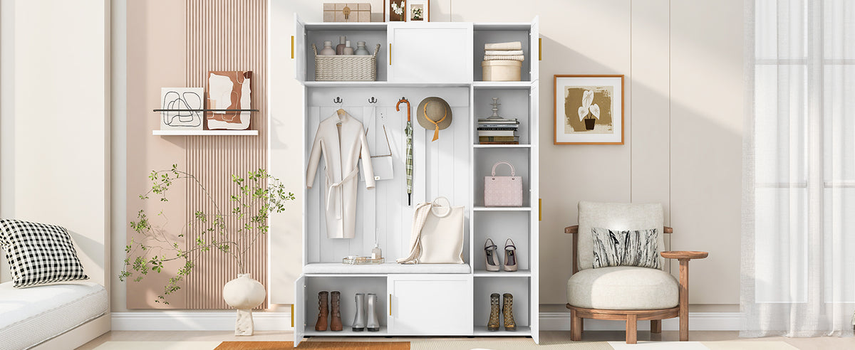 Ancient White Hall Tree with Shoe Bench and Storage Shelves for Living Room