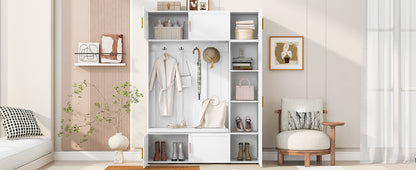 Ancient White Hall Tree with Shoe Bench and Storage Shelves for Living Room