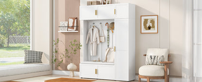 Ancient White Hall Tree with Shoe Bench and Storage Shelves for Living Room