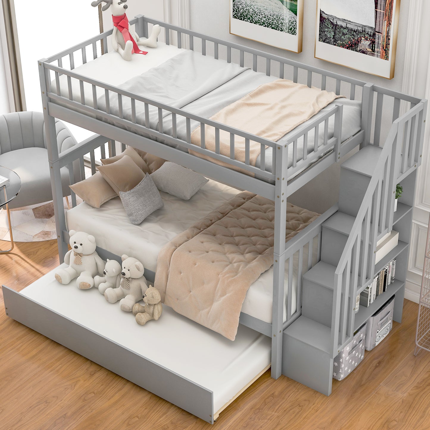 Twin Over Twin Bunk Bed Gray - Storage & Trundle