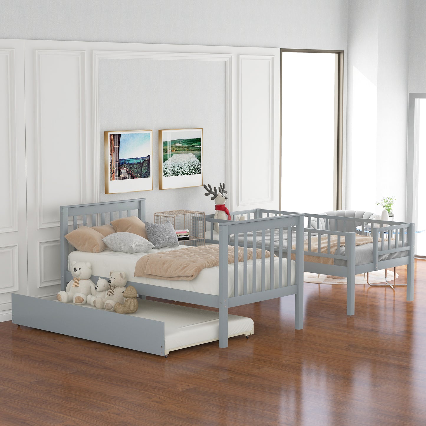 Twin Over Twin Bunk Bed Gray - Storage & Trundle