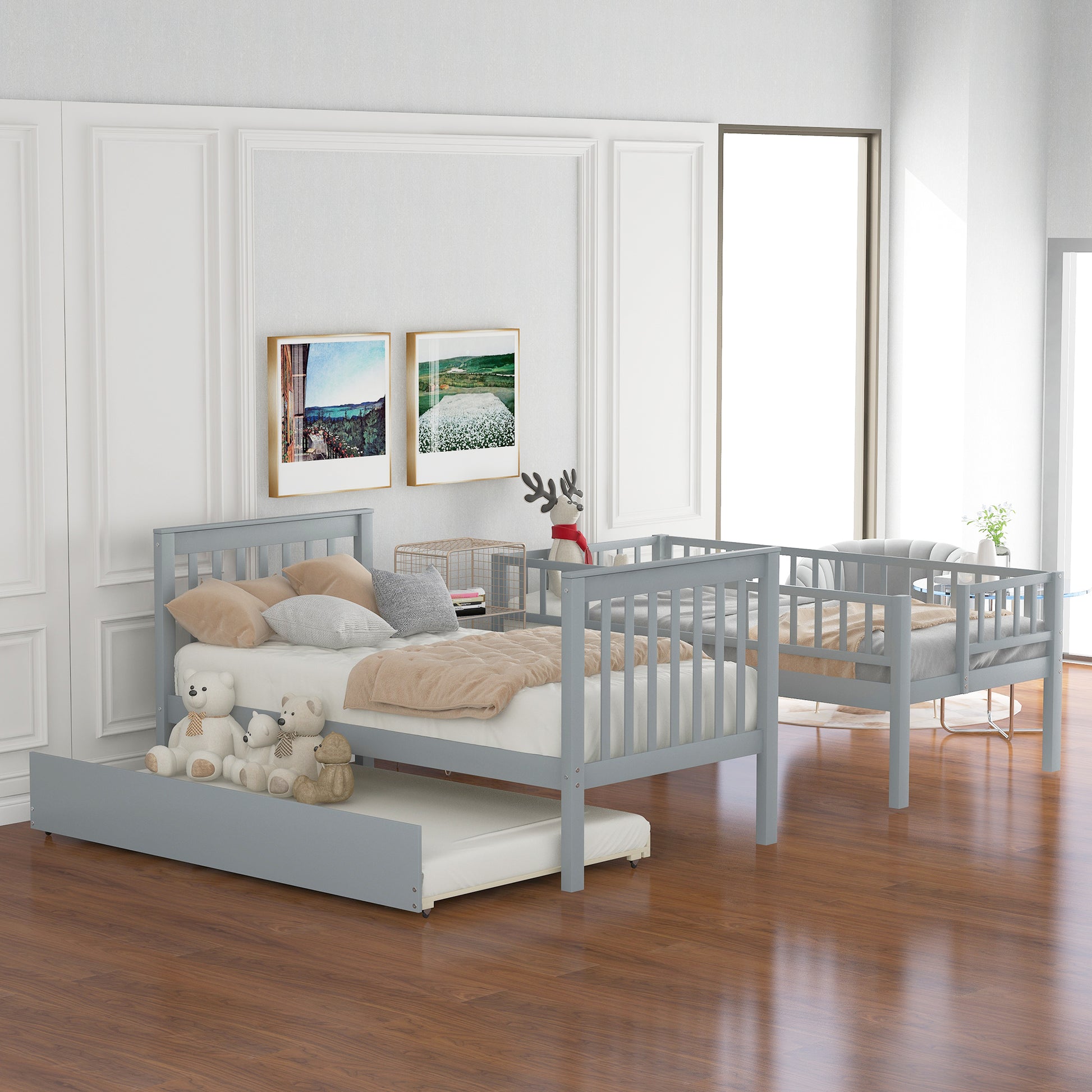 Twin Over Twin Bunk Bed Gray - Storage & Trundle