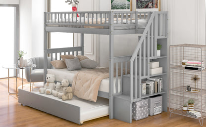 Twin Over Twin Bunk Bed Gray - Storage & Trundle