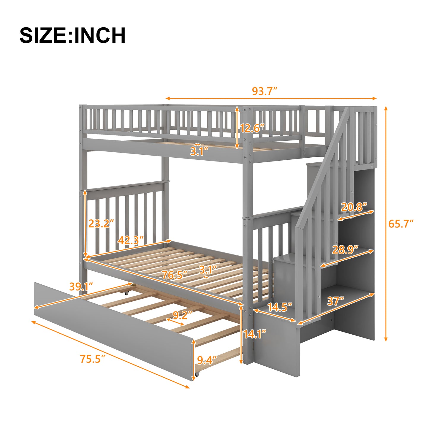 Twin Over Twin Bunk Bed Gray - Storage & Trundle