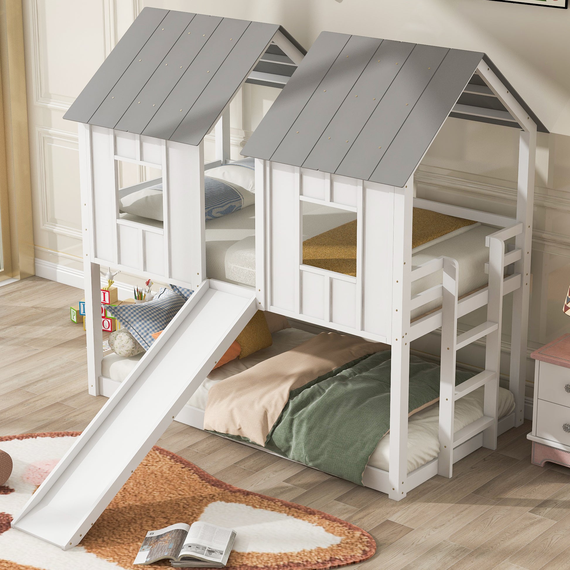 Twin over Twin House Bunk Bed with Slide and Windows,White(Old SKU:GX000920AAK-1,SM000920AAK)