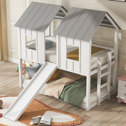 Twin over Twin House Bunk Bed with Slide and Windows,White(Old SKU:GX000920AAK-1,SM000920AAK)