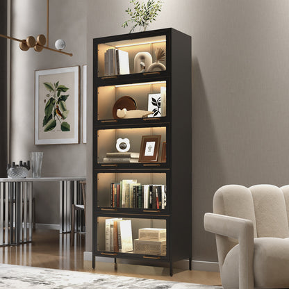 76.75'' Tall Iron Display Cabinet with Glass Doors, 5-Tier Steel Barister Bookcase with LED Lights for Collectibles, Modern Style Curio Cabinet for Home Living Room Office Study & Playroom - Black