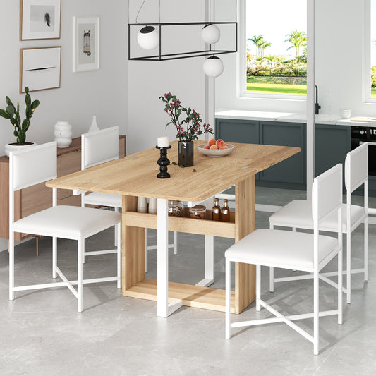 TOPMAX Modern Compact 63inch 5-Piece Extendable Dining Table Set, Foldable Square Kitchen Table Set with Storage Rack and 4 PU Leather Upholstered Dining Chairs for Small Places, White