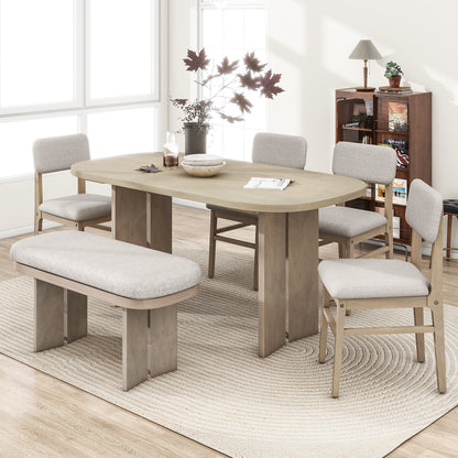 TOPMAX Solid Wood Dining Table Set with Bench - 6-Piece Upholstered Rectangular Dining Room Table Set with Bench, 2-Color Modern Farmhouse Kitchen Furniture for Family Gatherings,Natural