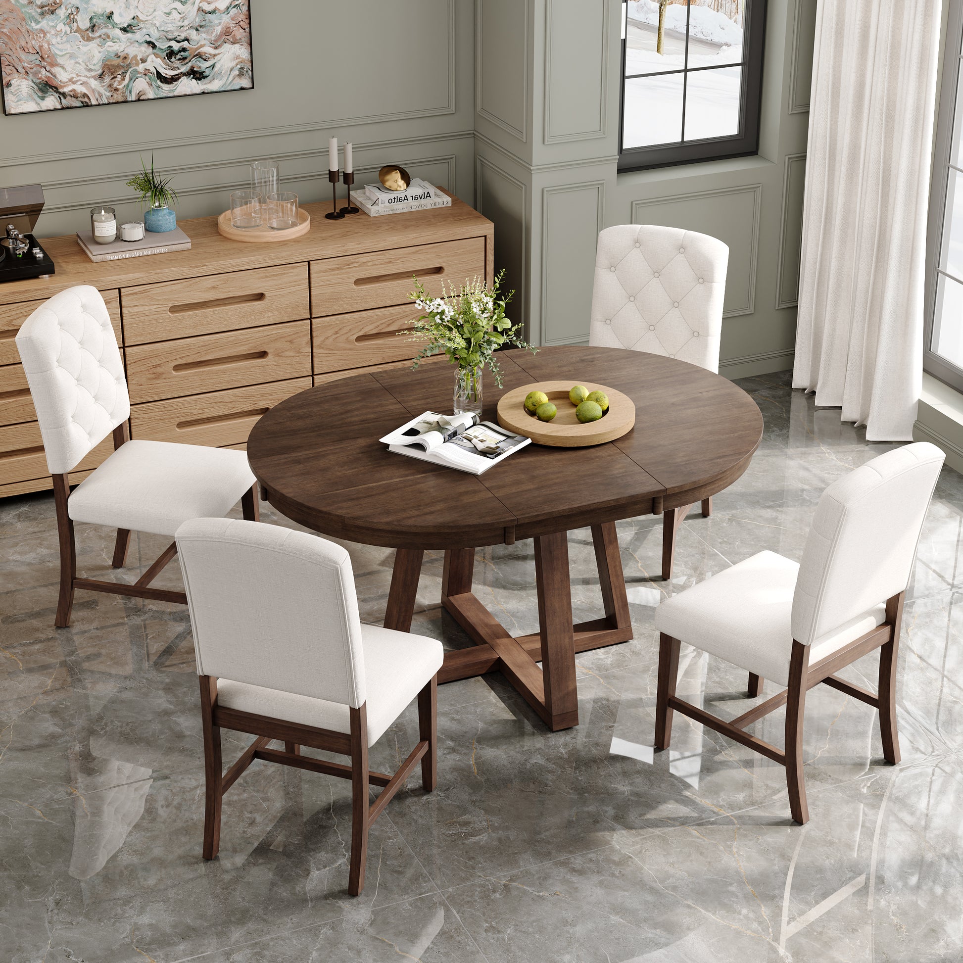 TREXM 5-Piece Retro Functional Dining Set, Round Table with a 16"W Leaf and 4 Upholstered Chairs for Dining Room and Living Room (Walnut)