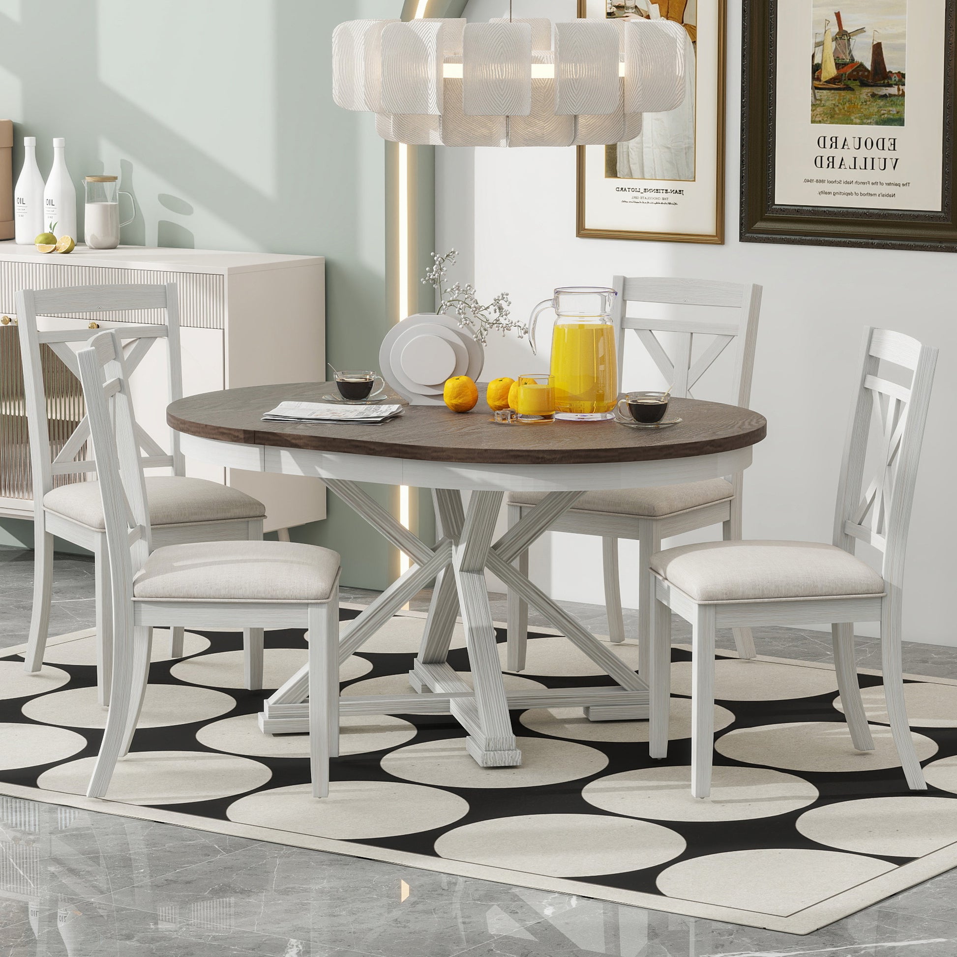 TREXM 5-Piece Retro Functional Dining Table Set Extendable Round Table and 4 Upholstered Chairs for Dining Room and Living Room (Brown+Antique White)