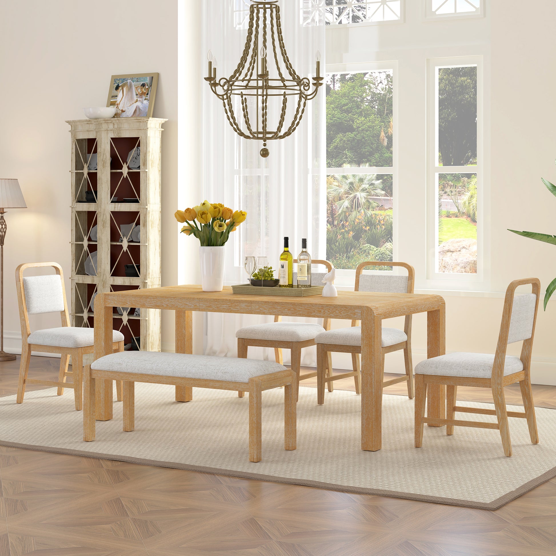 [Video Provided] TREXM Vintage Extendable Dining Table Set for 4-6 with 4 Upholstered Chairs and 1 Bench, Rustic Wire Brushed Kitchen Table Set with Curved Design for Dining Room and Kitchen (Natural)