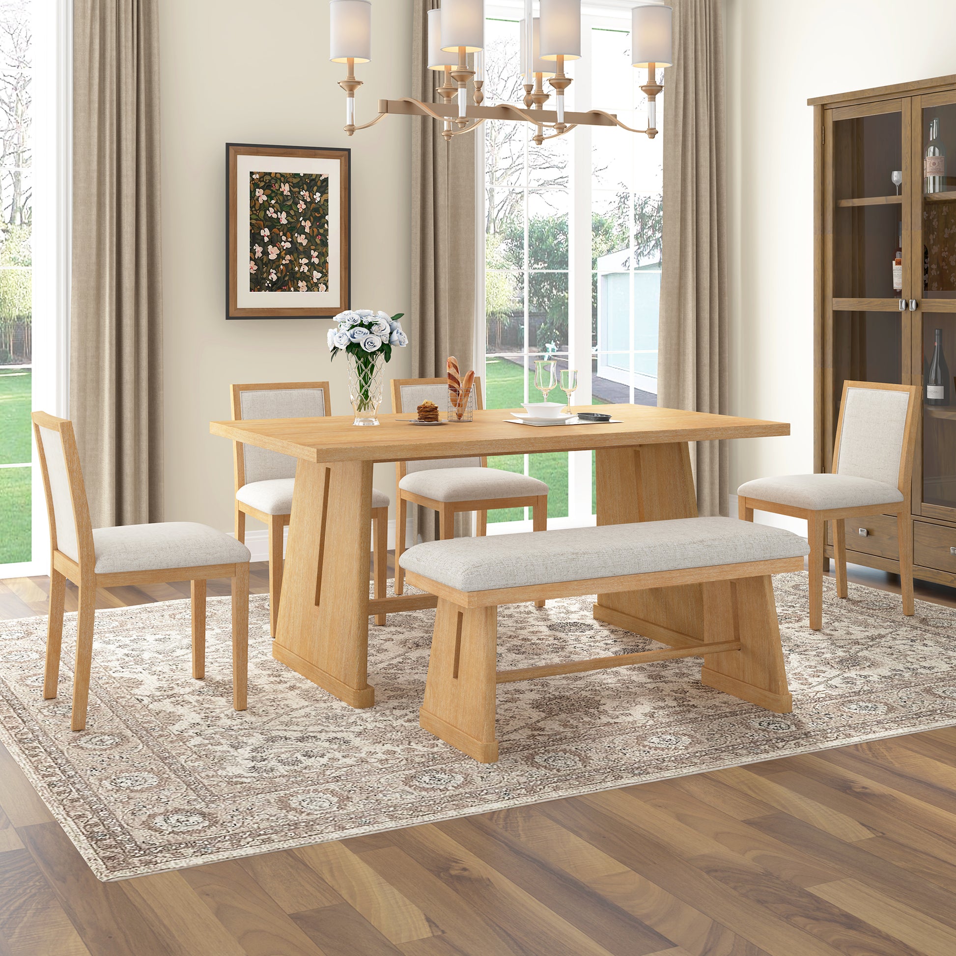 Rustic Farmhouse Dining Table Set with Natural Wood and Linen Chairs