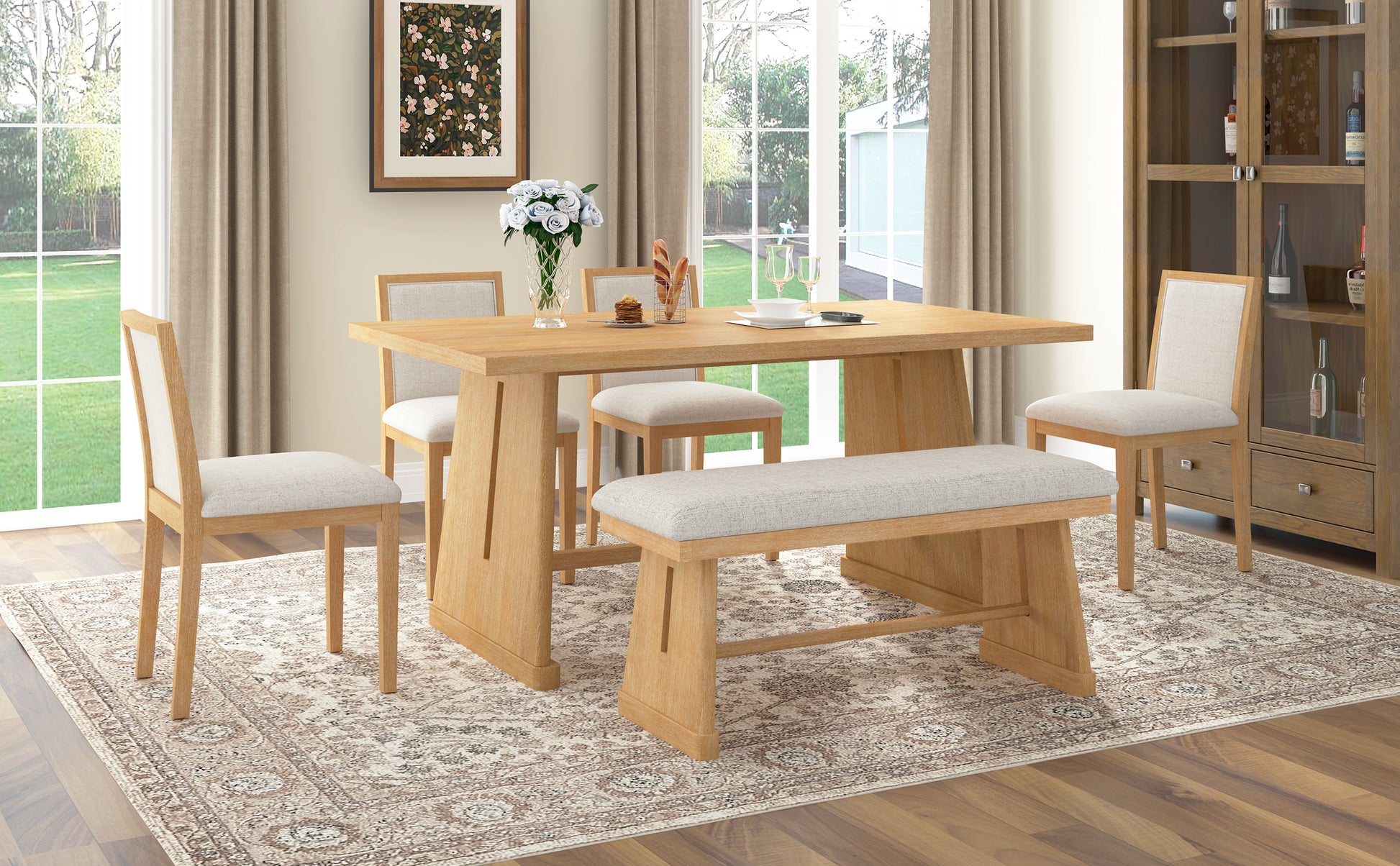 Rustic Farmhouse Dining Table Set with Natural Wood and Linen Chairs