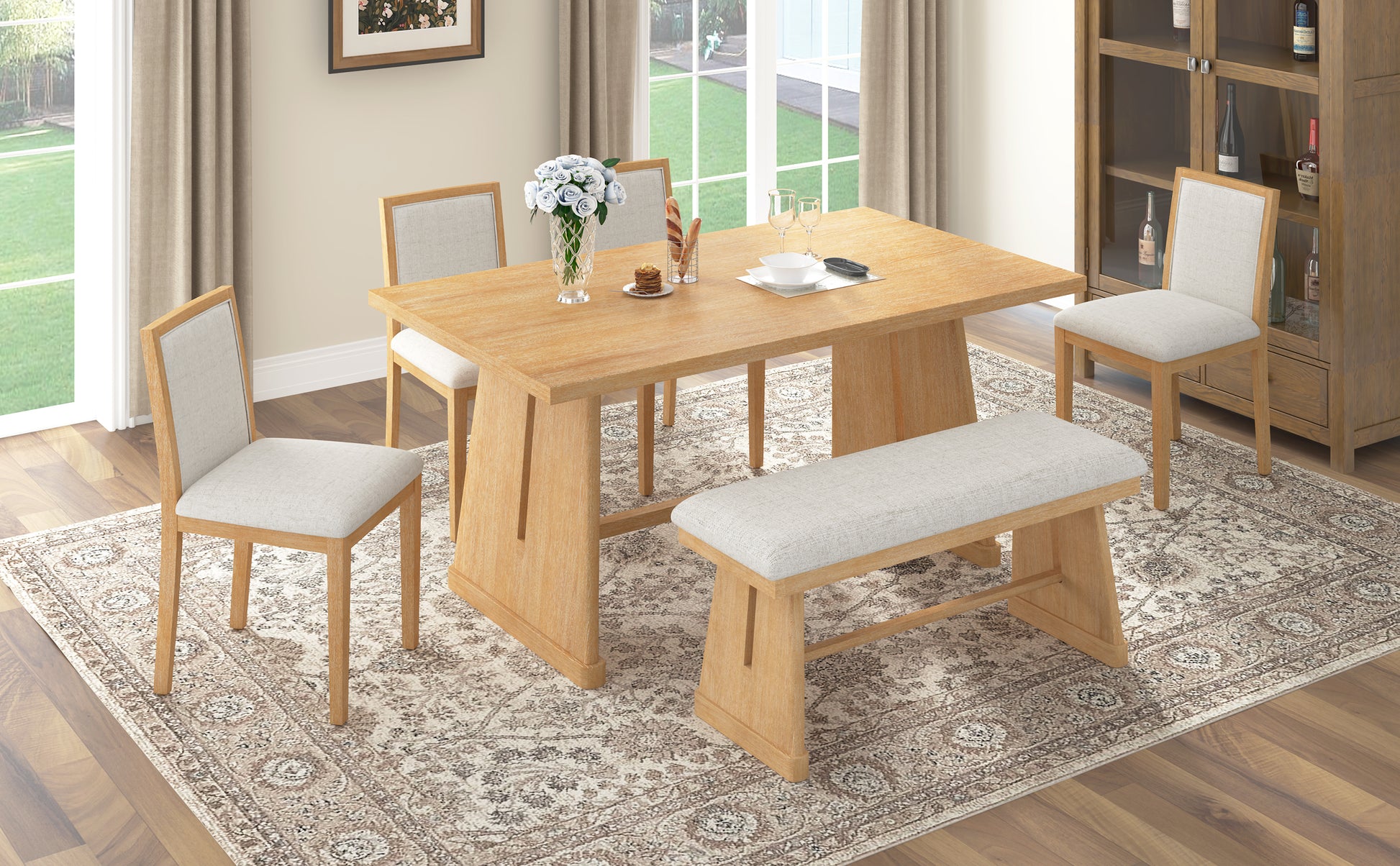 Rustic Farmhouse Dining Table Set with Natural Wood and Linen Chairs