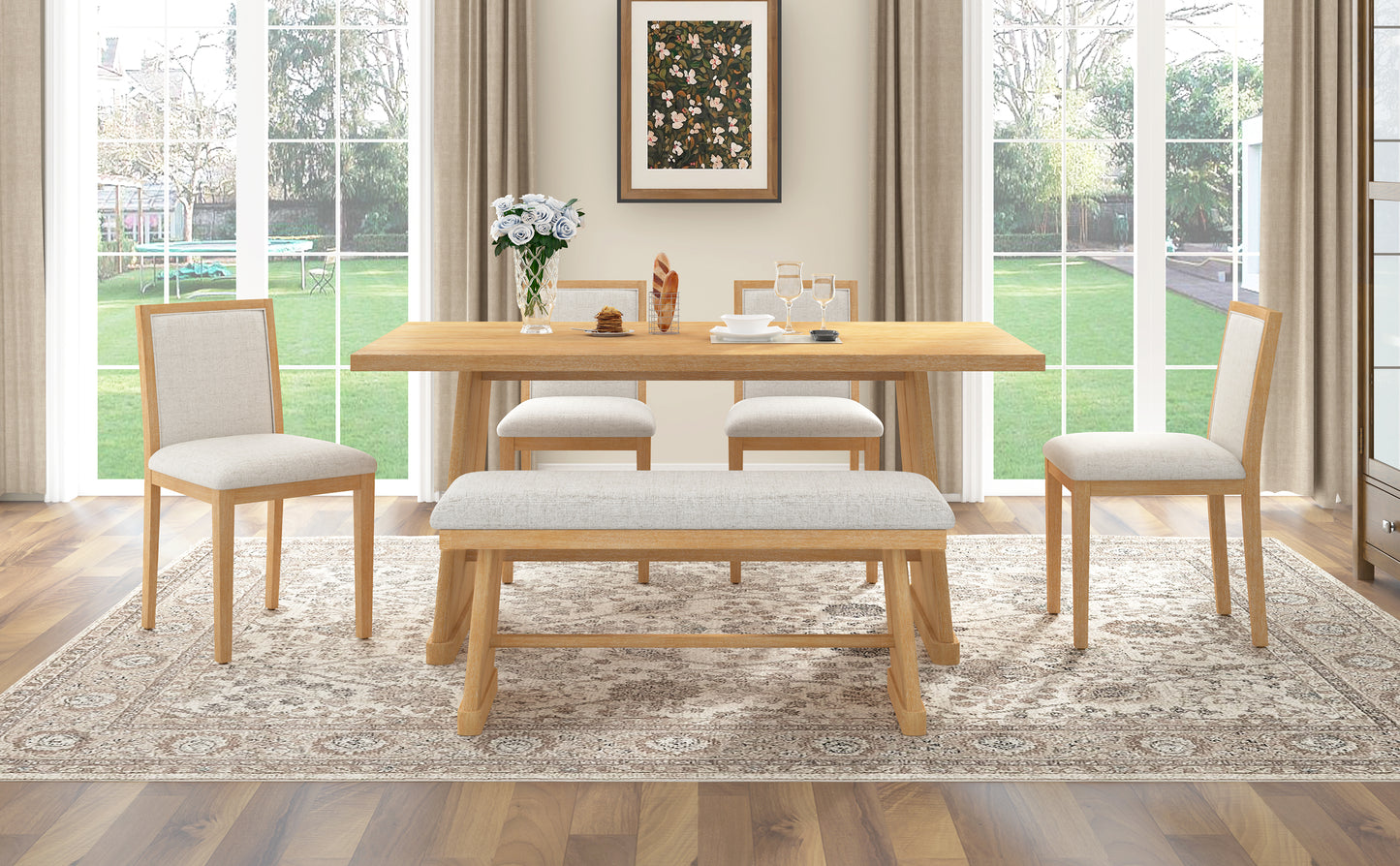 Rustic Farmhouse Dining Table Set with Natural Wood and Linen Chairs