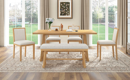 Rustic Farmhouse Dining Table Set with Natural Wood and Linen Chairs