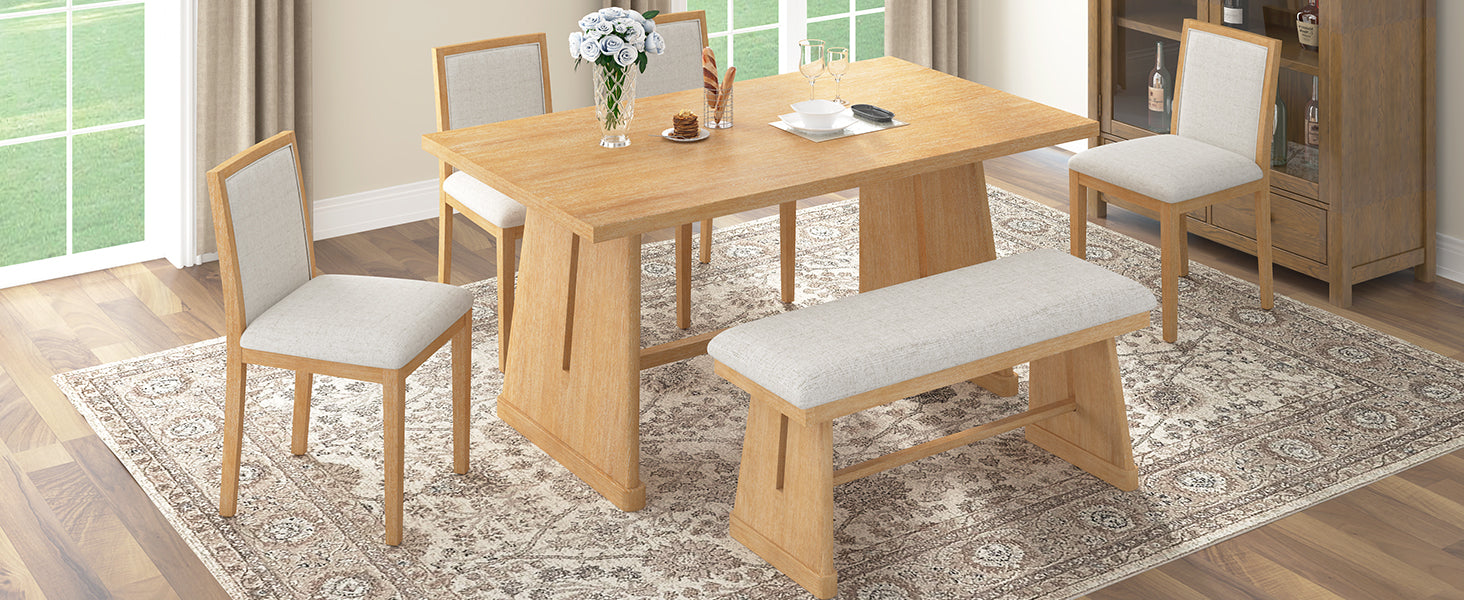 Rustic Farmhouse Dining Table Set with Natural Wood and Linen Chairs