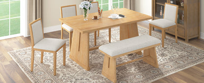 Rustic Farmhouse Dining Table Set with Natural Wood and Linen Chairs