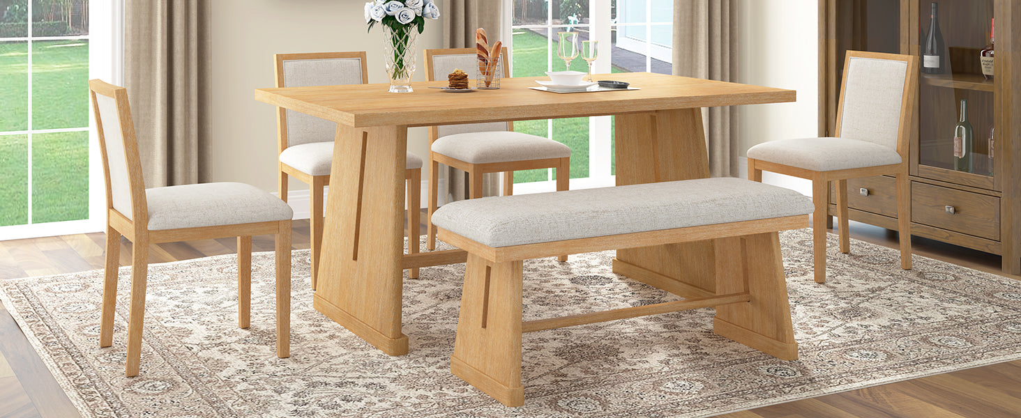 Rustic Farmhouse Dining Table Set with Natural Wood and Linen Chairs