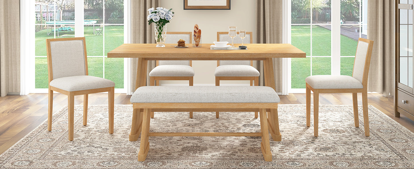 Rustic Farmhouse Dining Table Set with Natural Wood and Linen Chairs