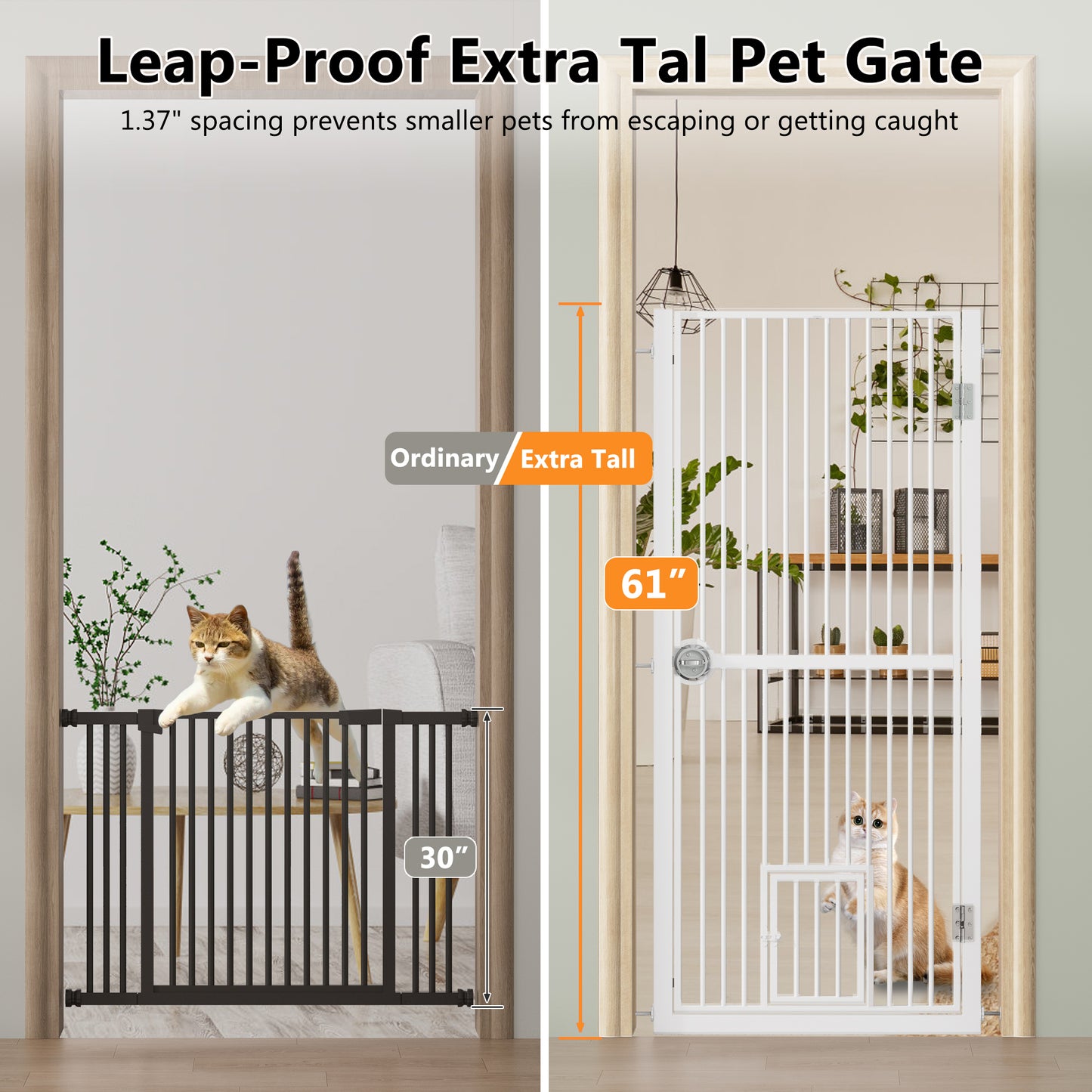 61" Extra Tall Pet Gate - Adjustable Iron Cat Door