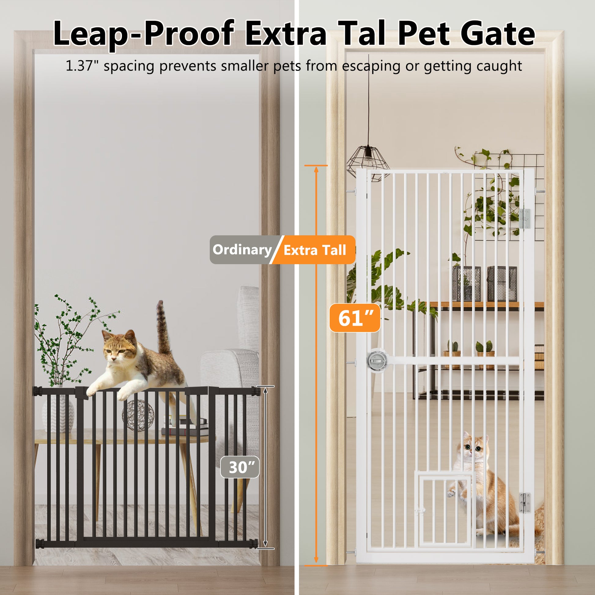 61" Extra Tall Pet Gate - Adjustable Iron Cat Door