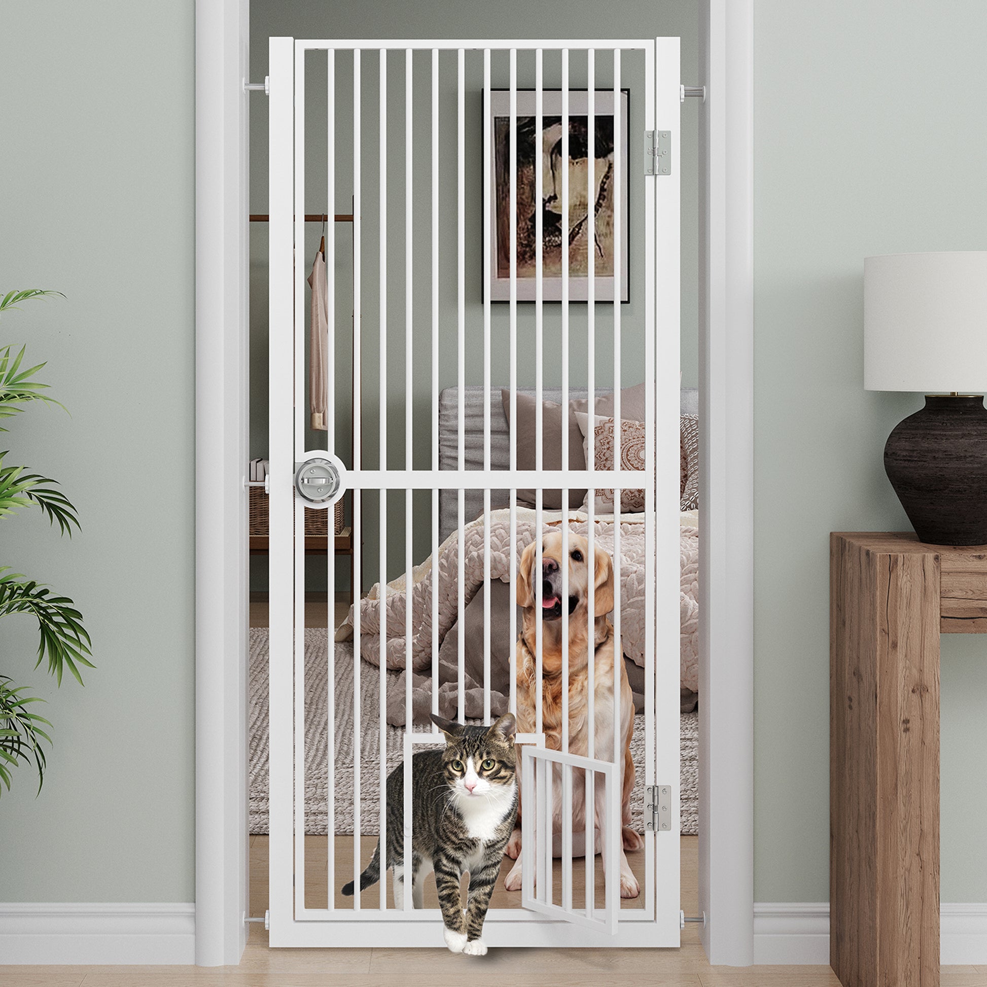 61" Extra Tall Cat Gate for Doorway, Adjustable Wide 30.2"-32.6" Dog Door with Cat Door, Suitable for Doorways or Kitchen, No Drilling Pressure Mount Kit, White