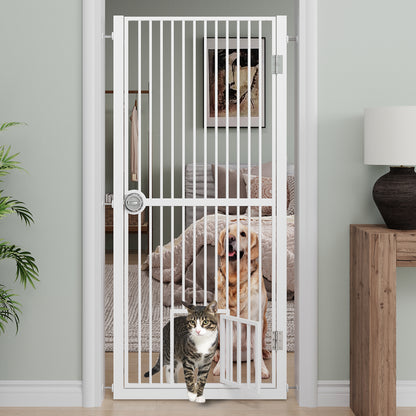 61" Extra Tall Cat Gate for Doorway, Adjustable Wide 30.2"-32.6" Dog Door with Cat Door, Suitable for Doorways or Kitchen, No Drilling Pressure Mount Kit, White