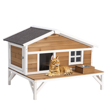 Insulated Cat House, All-Around Foam Insulation Elevated Cat Shelter, Wooden Feral Kitty Shelter with Large Platform, Waterproof Cats Condos for Indoor & Outdoor Cats in Winter 43.5x33.5x31 in