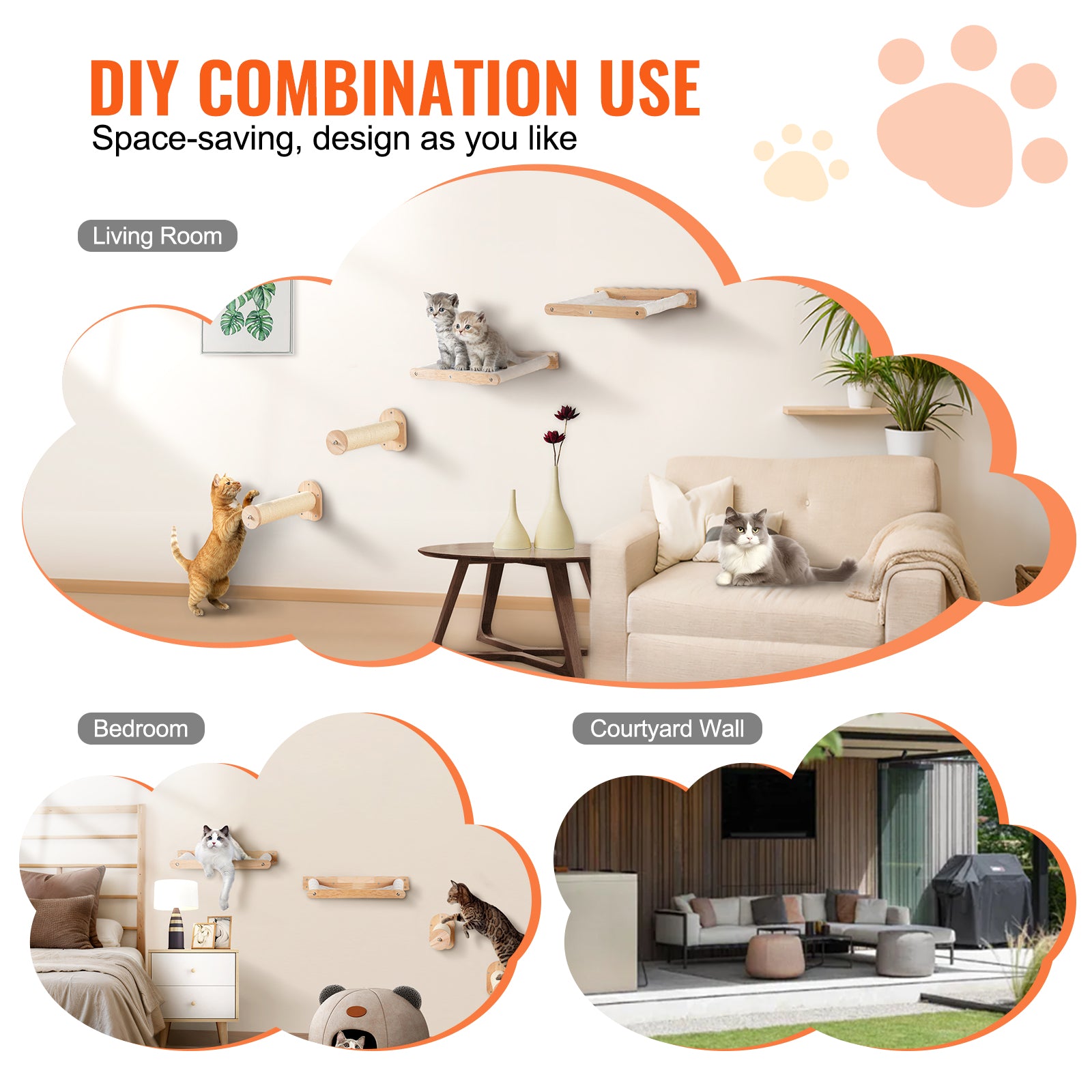 Rubber Wood Cat Wall Shelves - 2 Posts & 2 Hammocks
