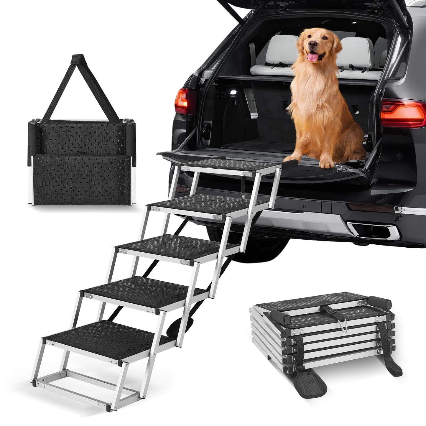 5-Step Aluminum Dog Car Stairs - Black