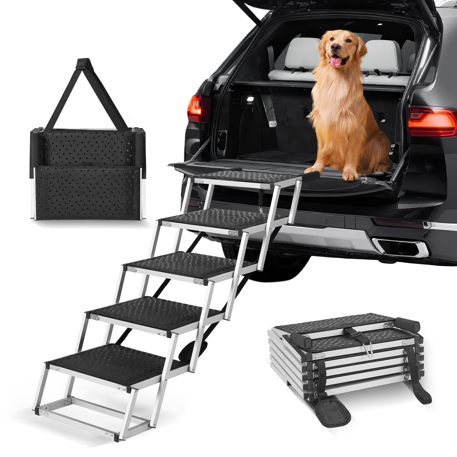 5-Step Aluminum Dog Car Stairs - Black
