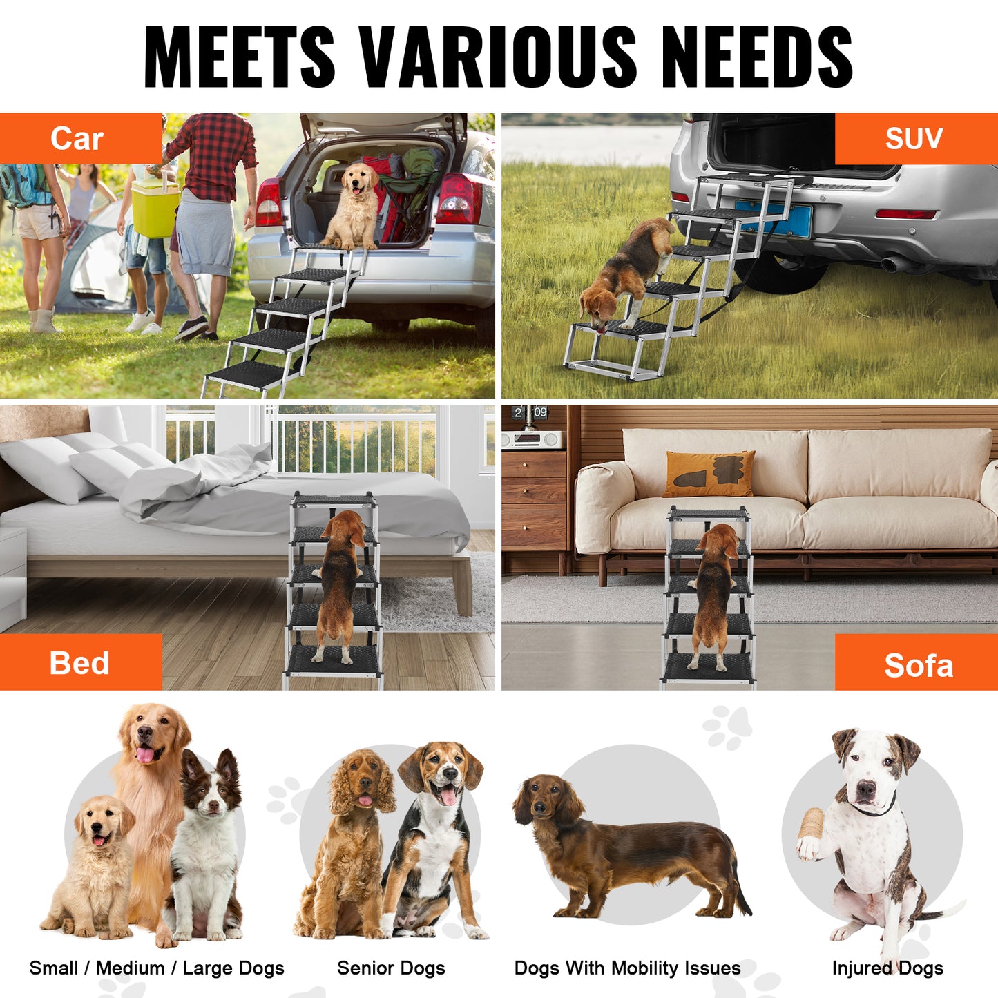 5-Step Aluminum Dog Car Stairs - Black