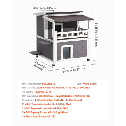 2-Story Wooden Cat House - Waterproof Outdoor Cat Shelter