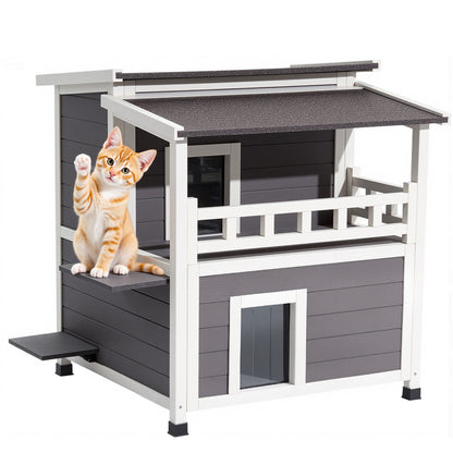 2-Story Wooden Cat House - Waterproof Outdoor Cat Shelter