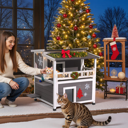 2-Story Wooden Cat House - Waterproof Outdoor Cat Shelter