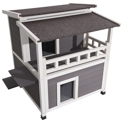 2-Story Wooden Cat House - Waterproof Outdoor Cat Shelter