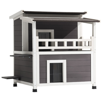 Insulated Cat House, 2-Story Wooden Cat Shelter, Foam Insulation, Feral Kitty Shelter with Balcony, Waterproof Cats Condos for Indoor & Outdoor 1-3 Cats in Winter 33 x 29.5 x 32 in