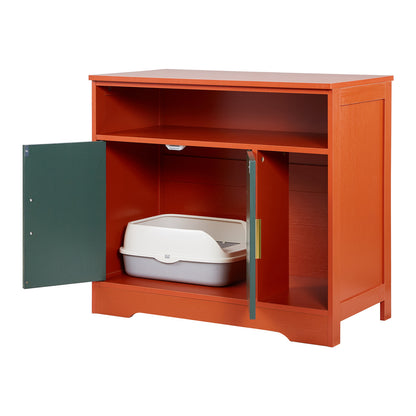 Cat Litter Box Enclosure, 31 in Hidden Litter Box Cabinet with Shelf & Storage, Modern Style Indoor Cat Washroom, Wooden Kitty House Furniture End Table, Fit Most Litterboxes, Red & Green