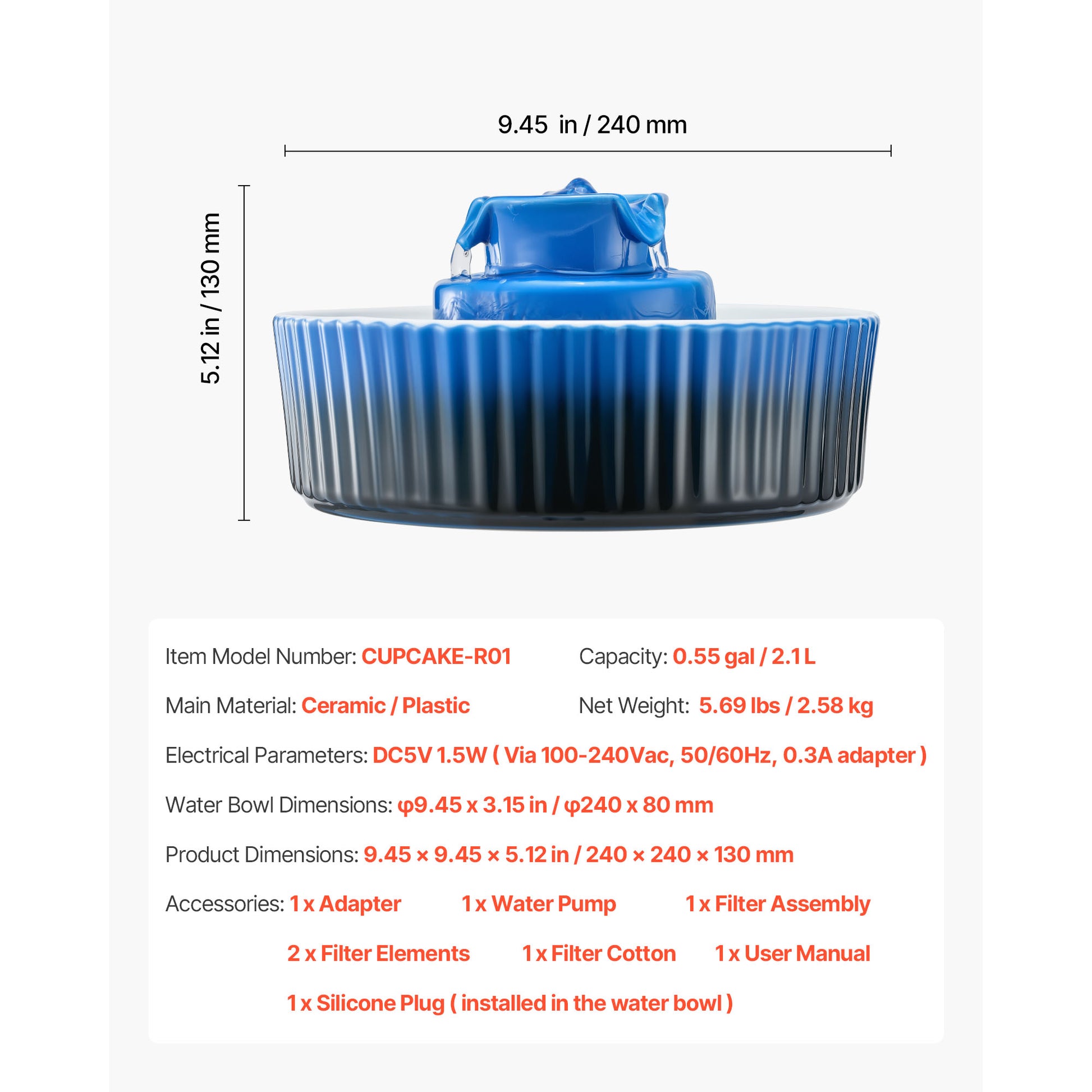 Ceramic Cat Water Fountain - 2.1L for Cats & Dogs