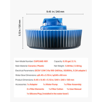 Ceramic Cat Water Fountain - 2.1L for Cats & Dogs