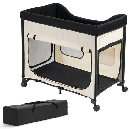 Elevated Lounge Pet Bed, Foldable Bunk Dog Bed with 600D Oxford Cloth and Dutch Velvet, Portable Raised Cot with Wheels, Side Storage Bags, and Carry Bag for Cats & Dogs, XL, Beige