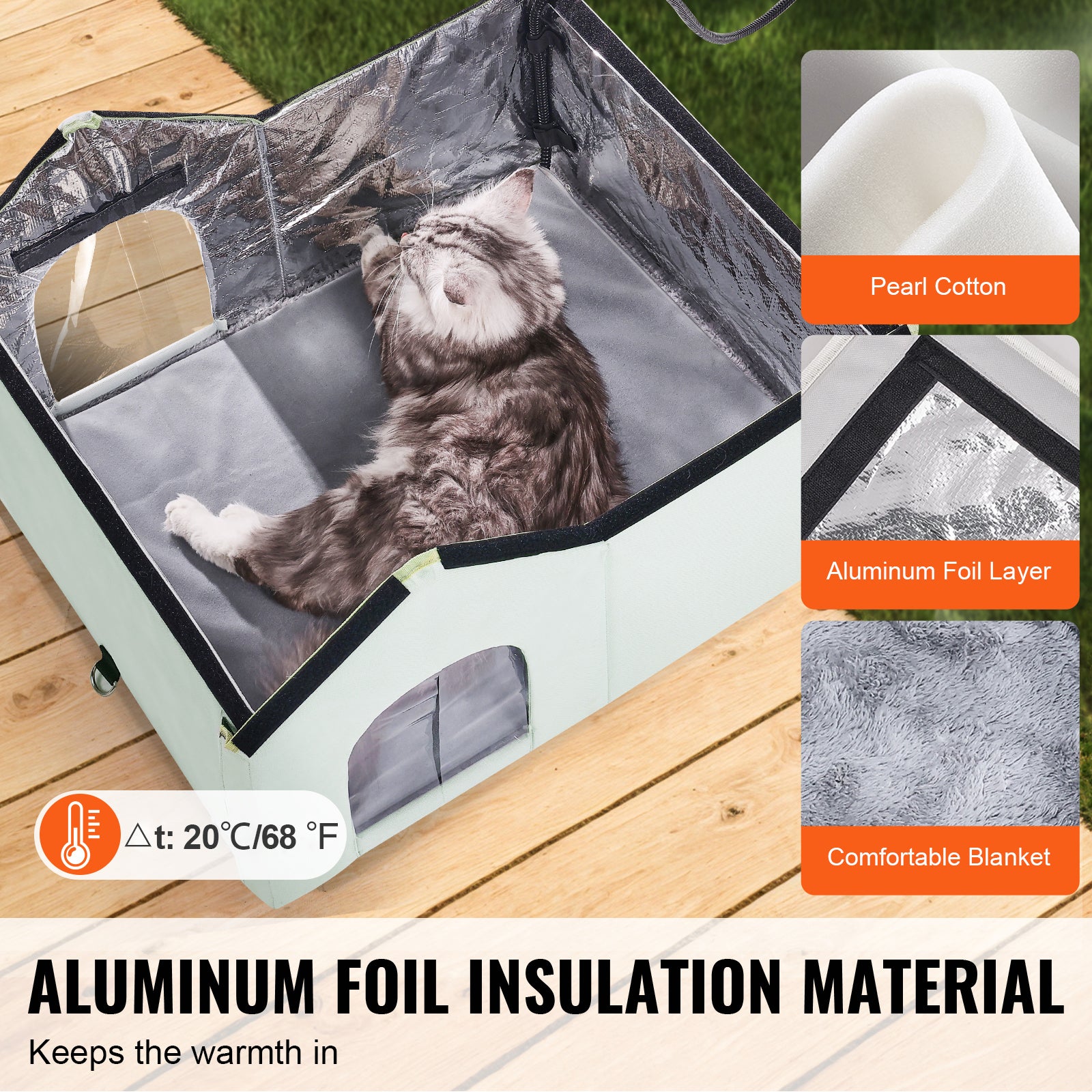 Large 68°F Heated Cat House - PVC Green Pet Bed