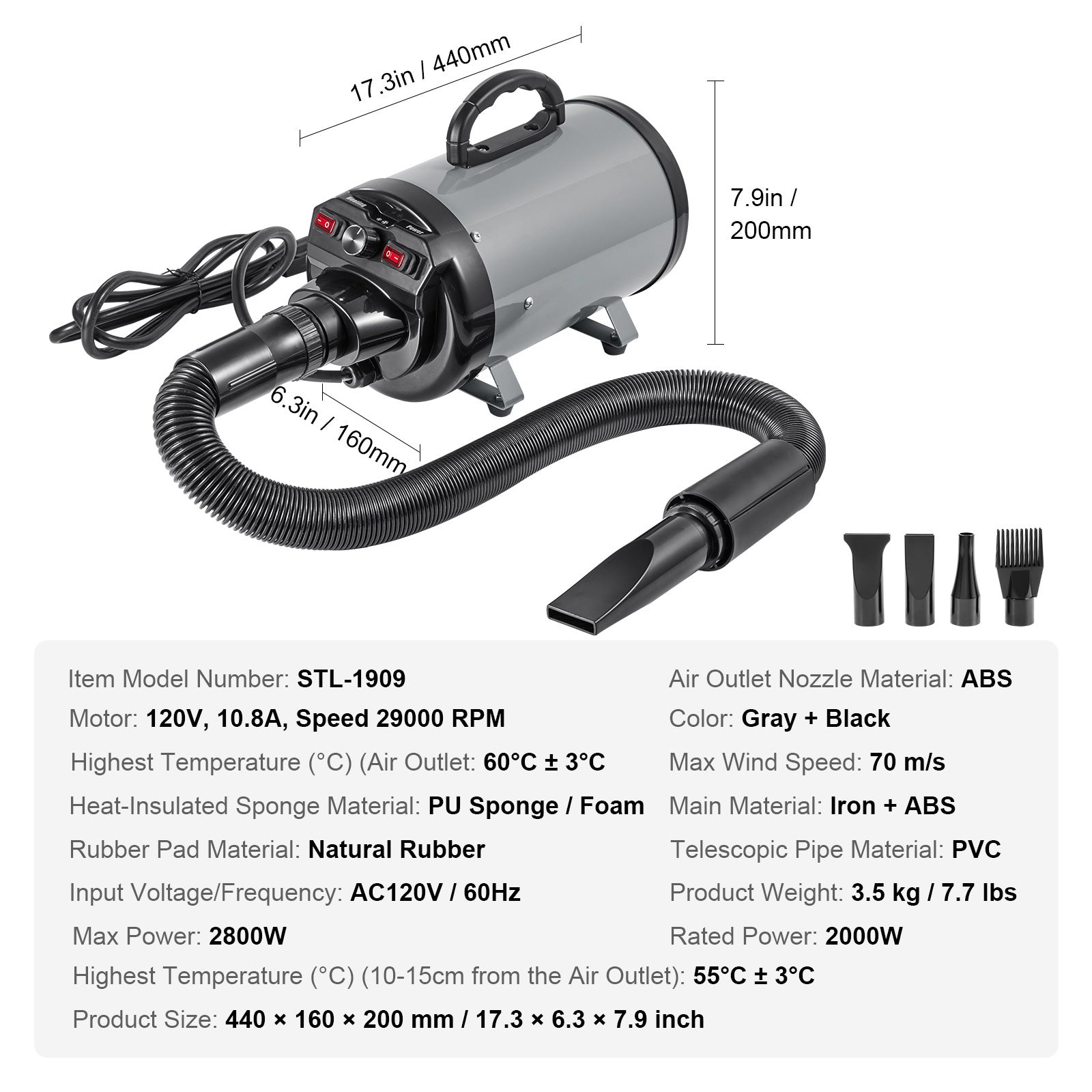 Grey+Black Iron Dog Dryer - 2800W Pet Grooming Machine